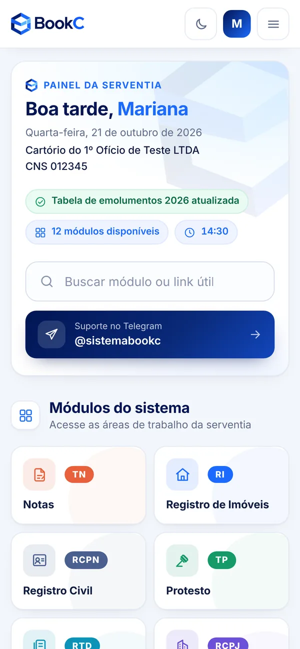 Página inicial do BookC no celular, com a busca e o suporte no topo