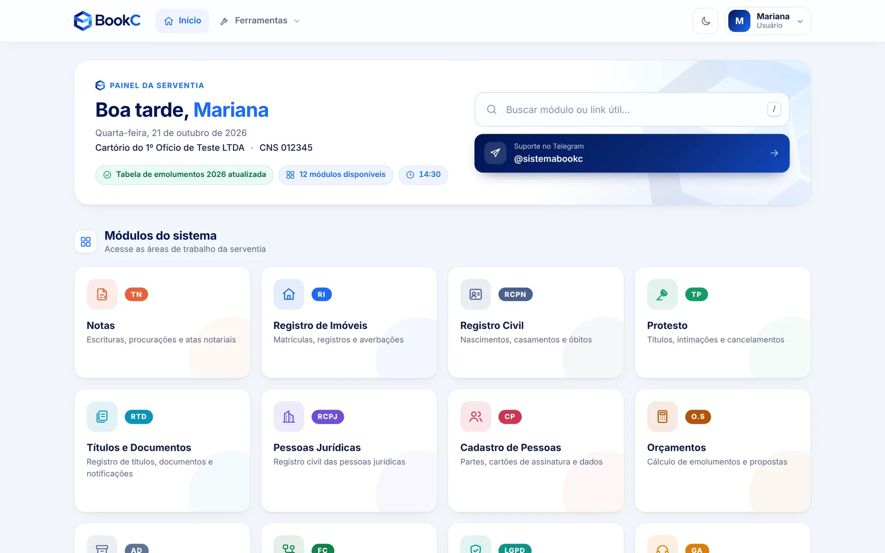 Página inicial do BookC no computador, com o painel da serventia e os módulos do sistema